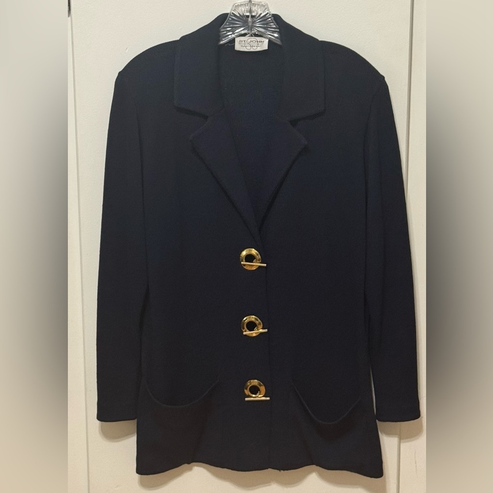 Vintage ST. JOHN SPORTSWEAR Navy Santana Knit Toggle Close Cardigan Blazer M